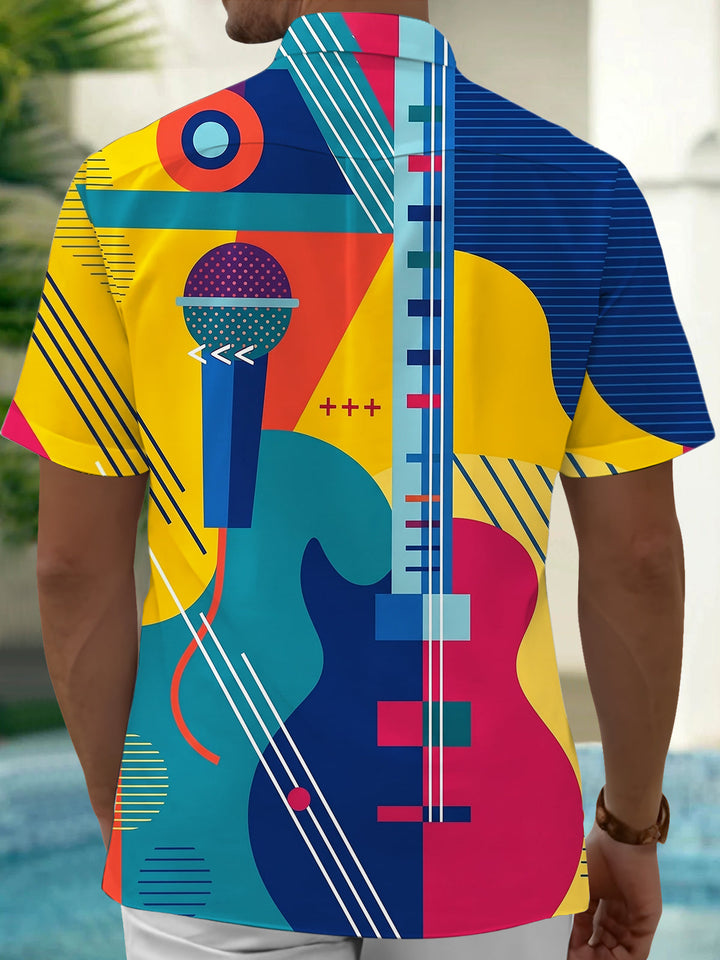Oceanlyte Men's Geometric Music Instruments Print Short Sleeve Shirt with Chest Pocket