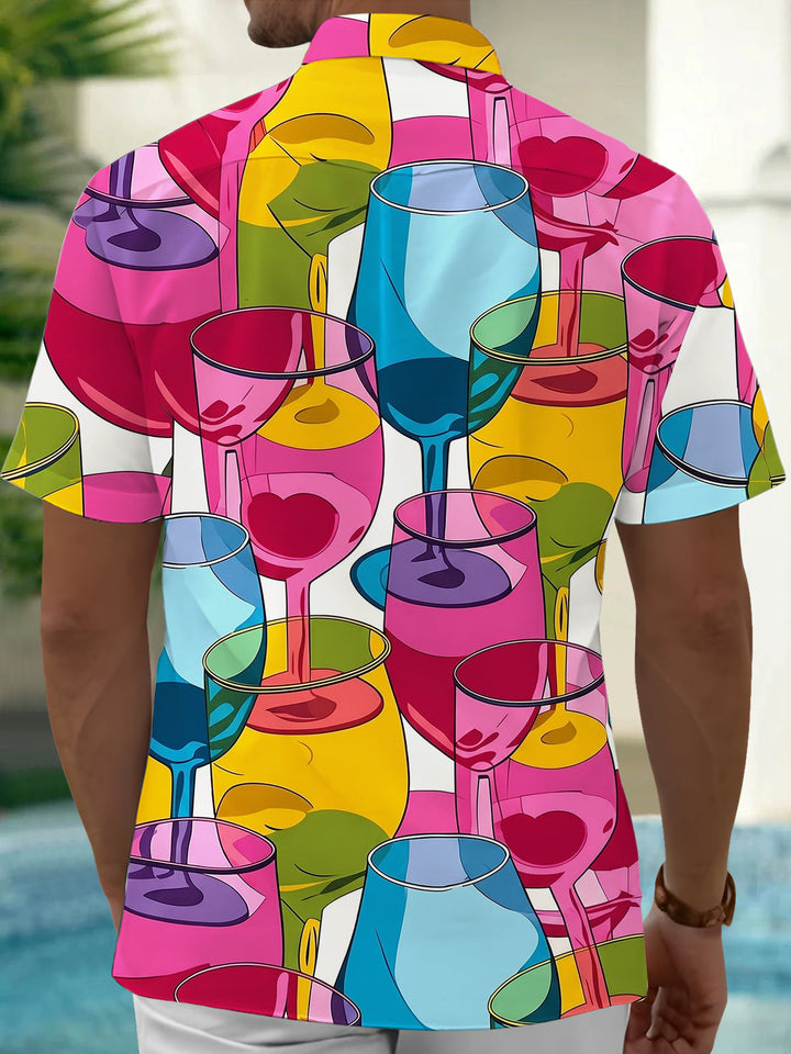 Oceanlyte Men's Graphic Colorful Wine Glasses Print Short Sleeve Shirt with Chest Pocket