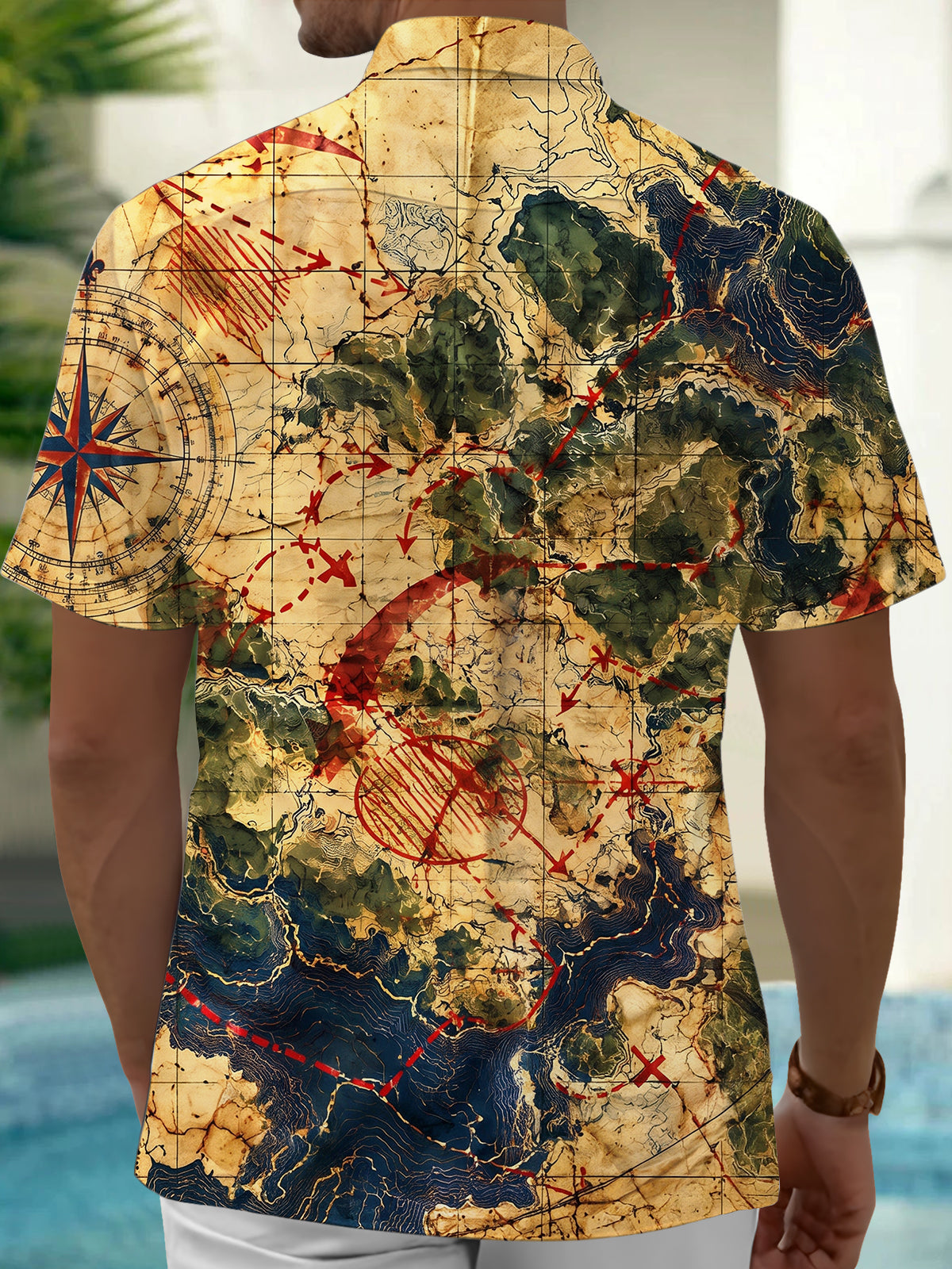 Oceanlyte Men's Short Sleeve Shirt - The "Overlord Cartography" Vintage Map With Compass Rose And Topography Print with Chest Pocket