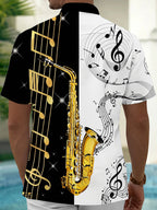 Oceanlyte Men's Hawaiian Saxophone Print Musical Notes Print Short Sleeve Shirt with Chest Pocket
