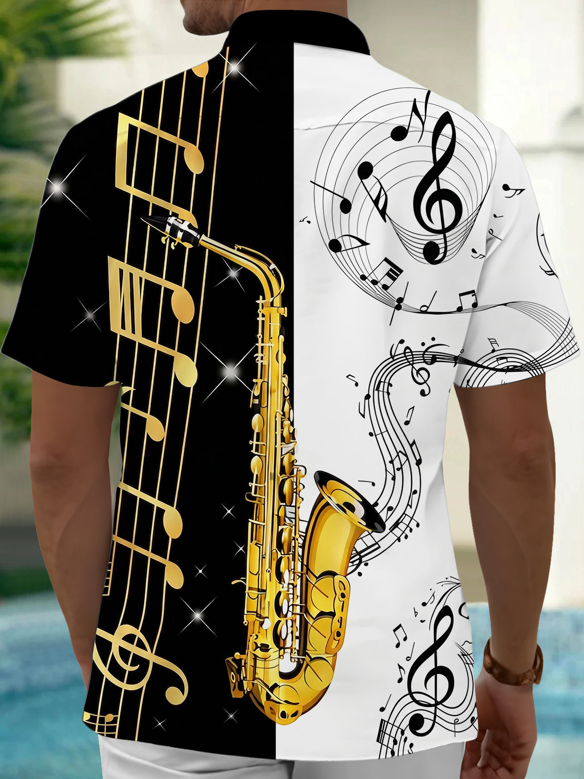 Oceanlyte Men's Hawaiian Saxophone Print Musical Notes Print Short Sleeve Shirt with Chest Pocket