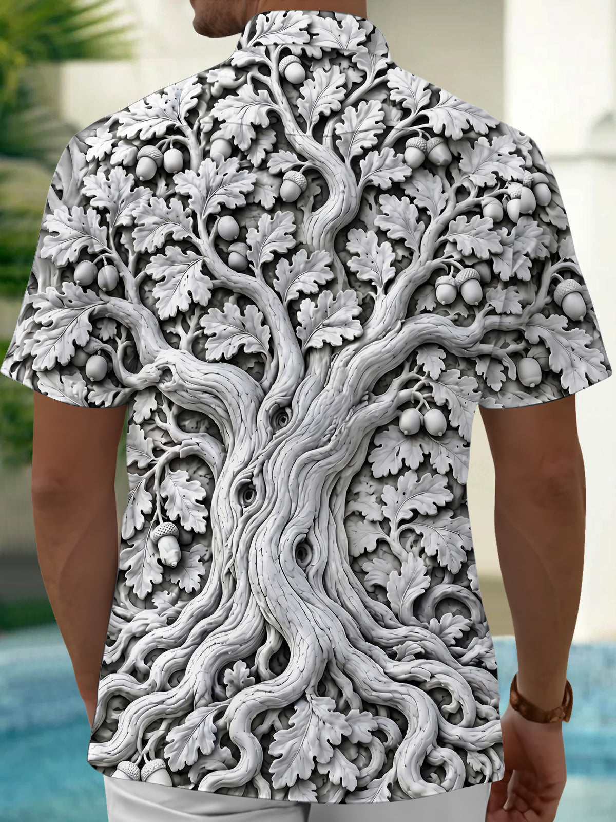 Oceanlyte Men's 3D 3D Oak Tree Bark And Acorns Print Short Sleeve Shirt with Chest Pocket
