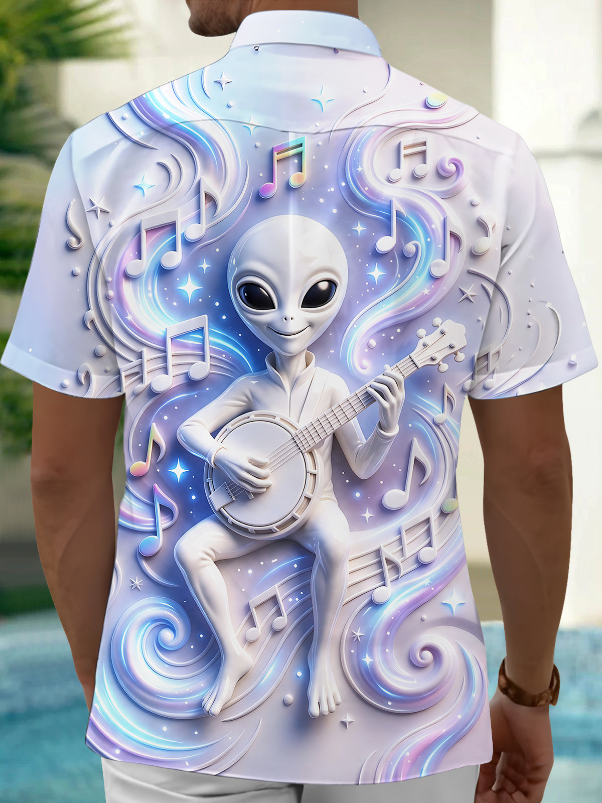 Oceanlyte Men's Graphic Alien Playing Banjo Print Short Sleeve Shirt with Chest Pocket