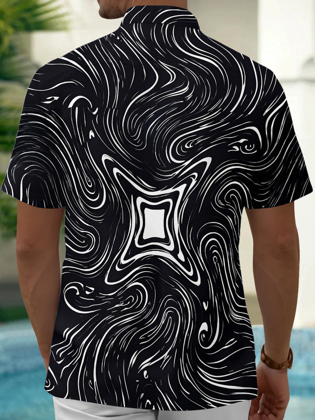Oceanlyte Men's Abstract Swirling Black And White Lines Print Short Sleeve Shirt with Chest Pocket