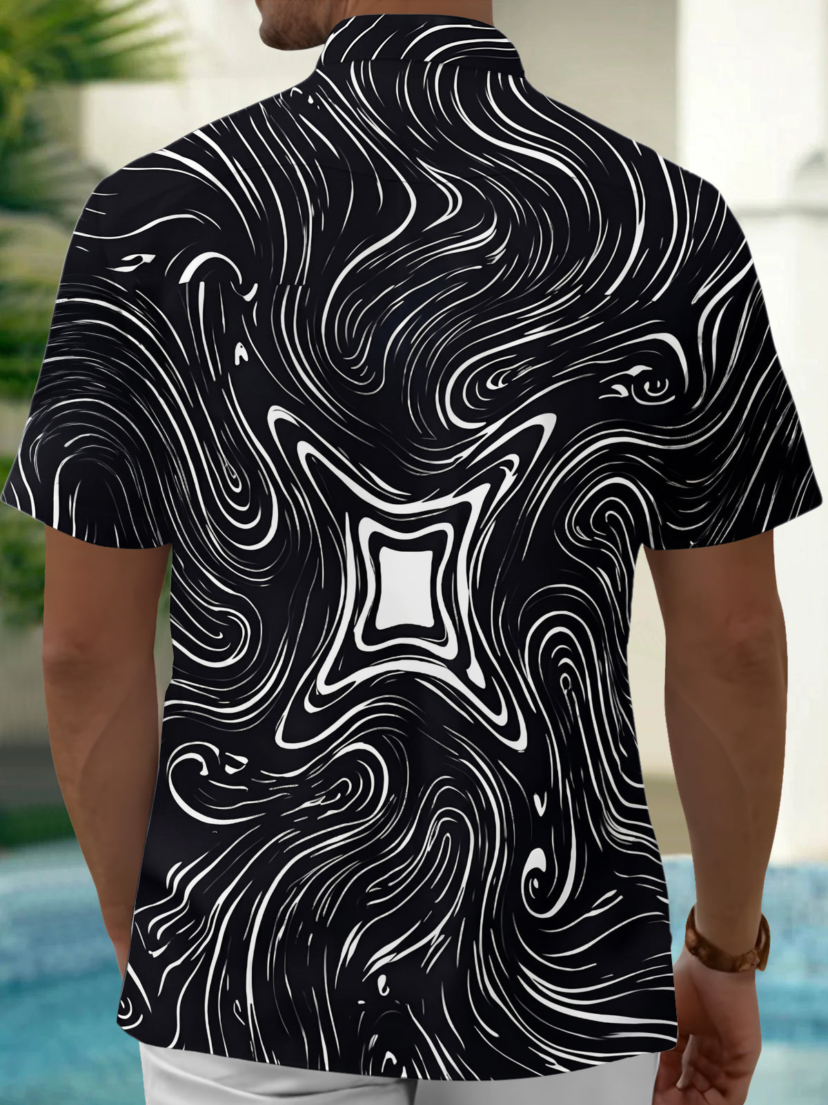 Oceanlyte Men's Abstract Swirling Black And White Lines Print Short Sleeve Shirt with Chest Pocket
