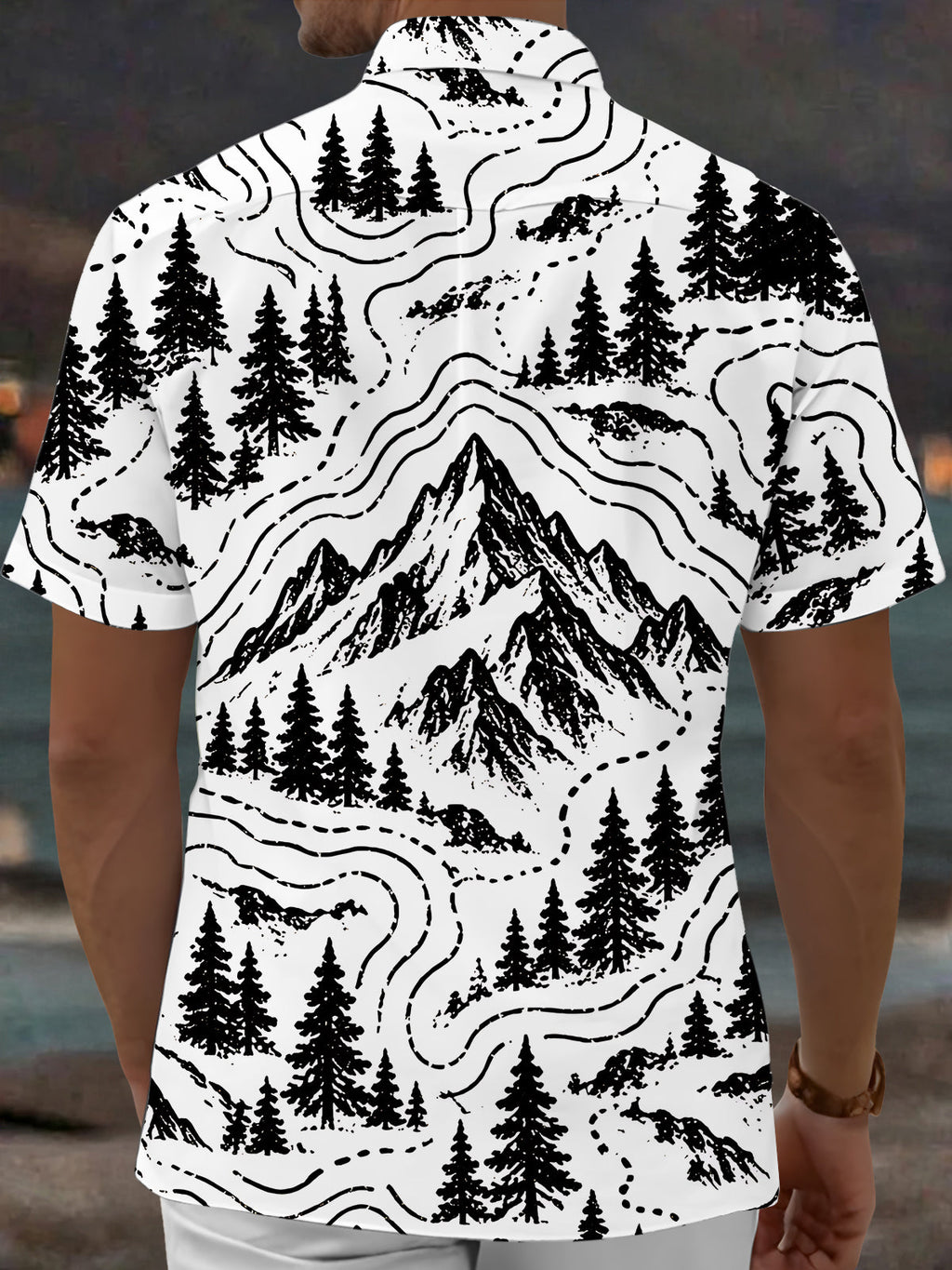 Oceanlyte Men's Short Sleeve Shirt - Mountain Landscape With Pine Trees And Topographic Lines Print with Chest Pocket