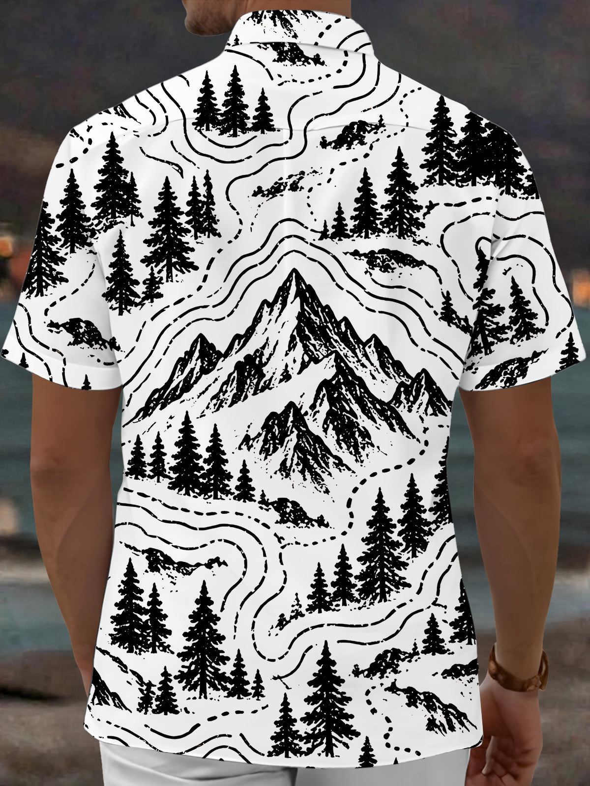 Oceanlyte Men's Short Sleeve Shirt - Mountain Landscape With Pine Trees And Topographic Lines Print with Chest Pocket