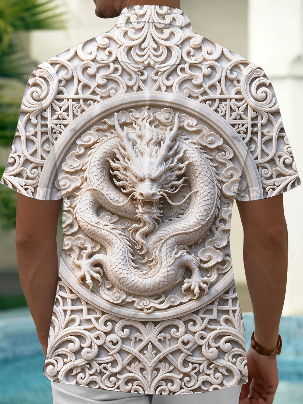 Oceanlyte Men's Graphic 3D Jade Dragon Relief Print Short Sleeve Shirt with Chest Pocket