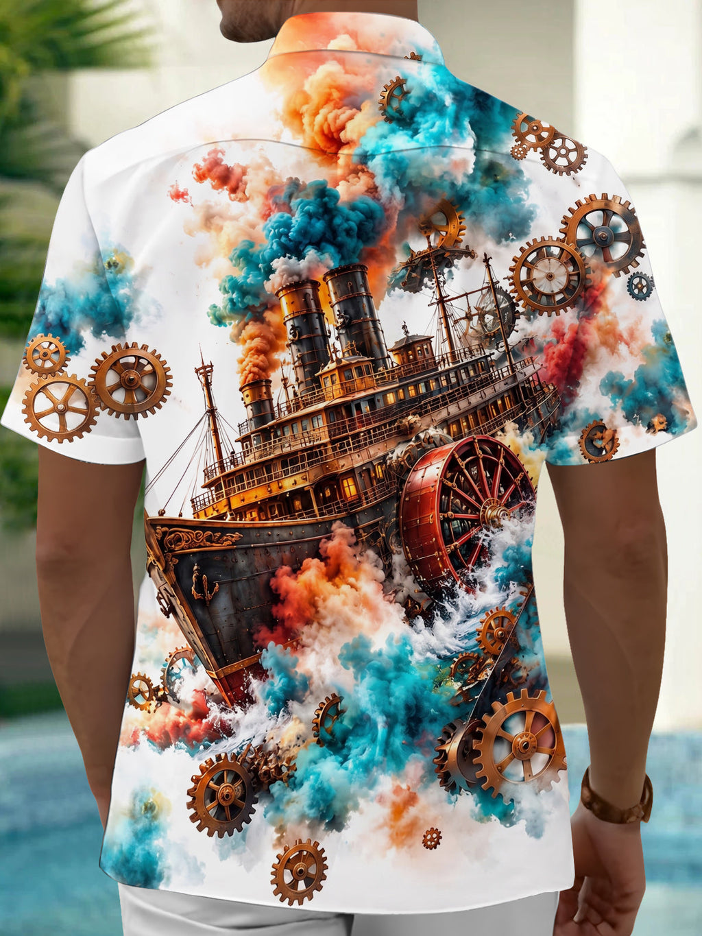 Oceanlyte Men's Vintage Style Steampunk Ship Print Short Sleeve Shirt with Chest Pocket