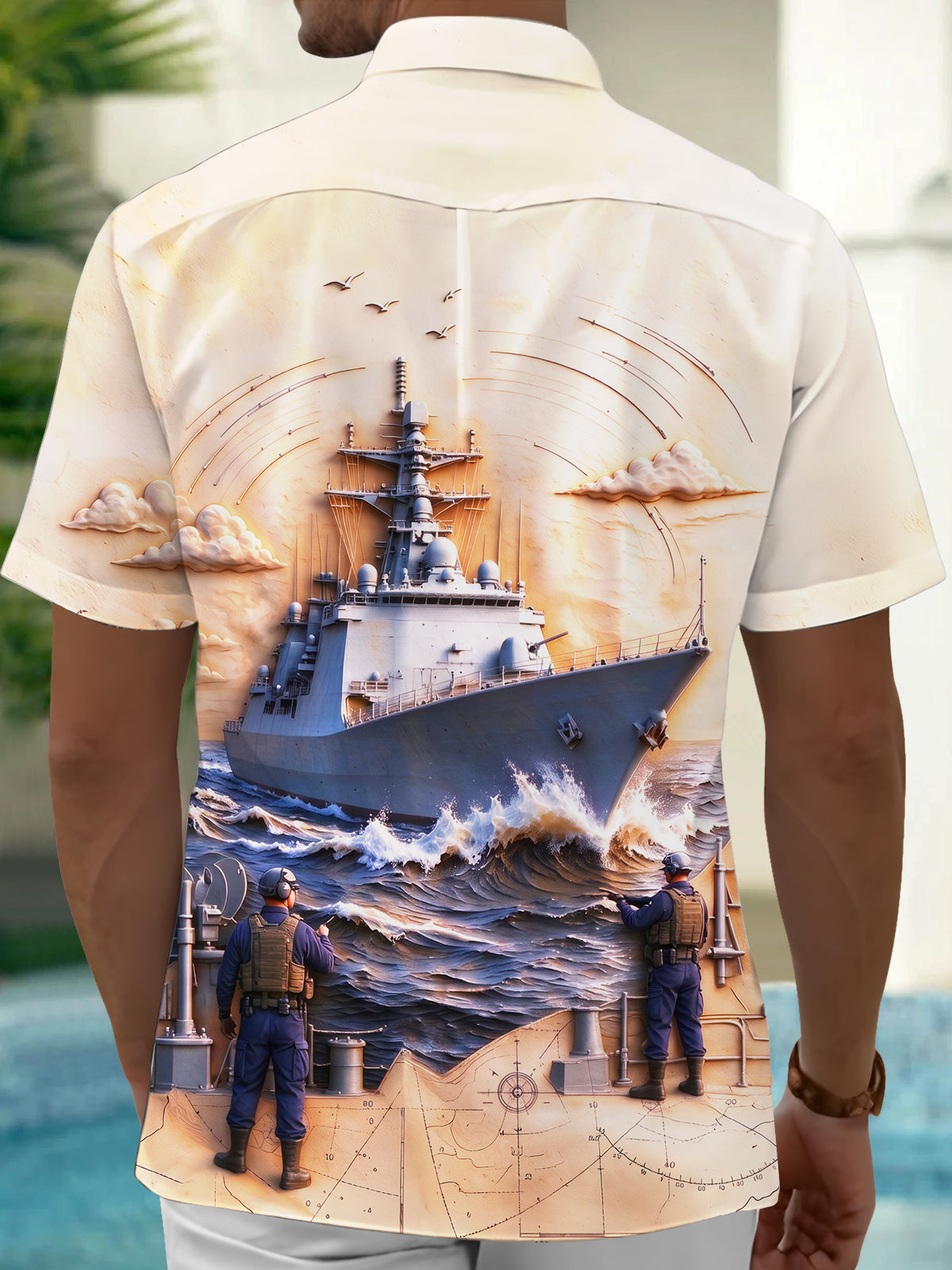 Oceanlyte Men's Short Sleeve Shirt - The "Aegis Sentinel" Navy Destroyer Ship And Sailors Print with Chest Pocket