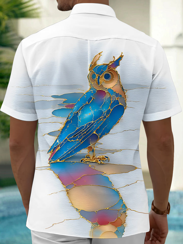 Oceanlyte Men's Graphic Stylized Owl Print Short Sleeve Shirt with Chest Pocket