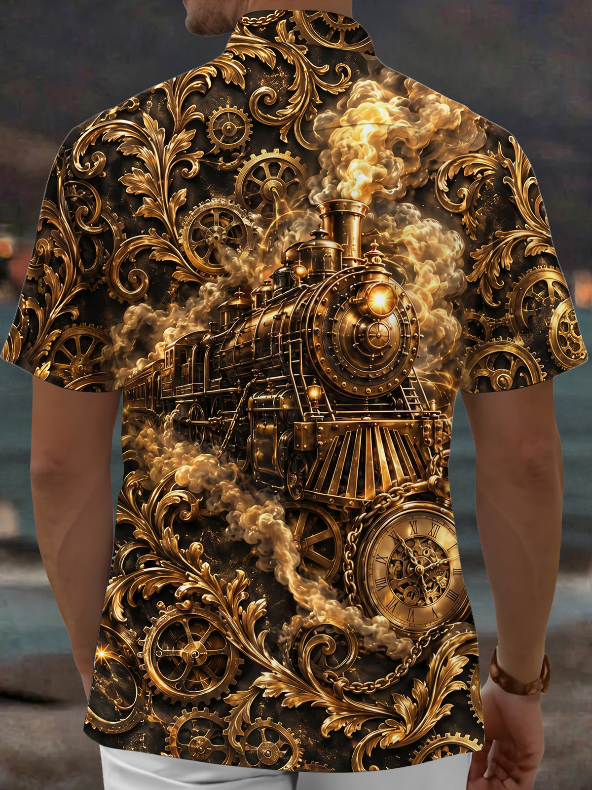 Oceanlyte Men's Vintage Steam Train And Pocket Watch Print Short Sleeve Shirt with Chest Pocket