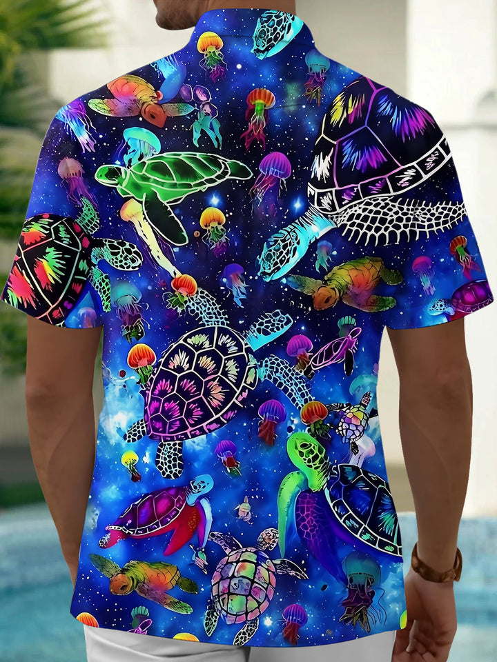 Oceanlyte Men's Hawaiian Neon Sea Turtles Print Short Sleeve Shirt with Chest Pocket
