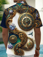Oceanlyte Men's Graphic Steampunk Clock Gears And Gems Print Short Sleeve Shirt with Chest Pocket