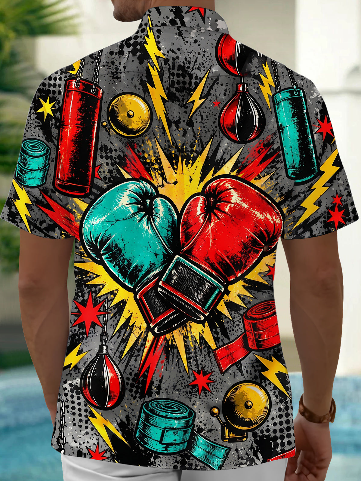 Oceanlyte Men's Graphic Boxing Gloves And Equipment Print Short Sleeve Shirt with Chest Pocket