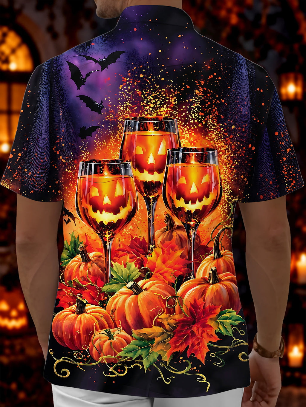 Oceanlyte Men's Short Sleeve Shirt - Halloween Jack-o-lantern Wine Glasses And Pumpkins Print with Chest Pocket