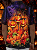 Oceanlyte Men's Short Sleeve Shirt - Halloween Jack-o-lantern Wine Glasses And Pumpkins Print with Chest Pocket
