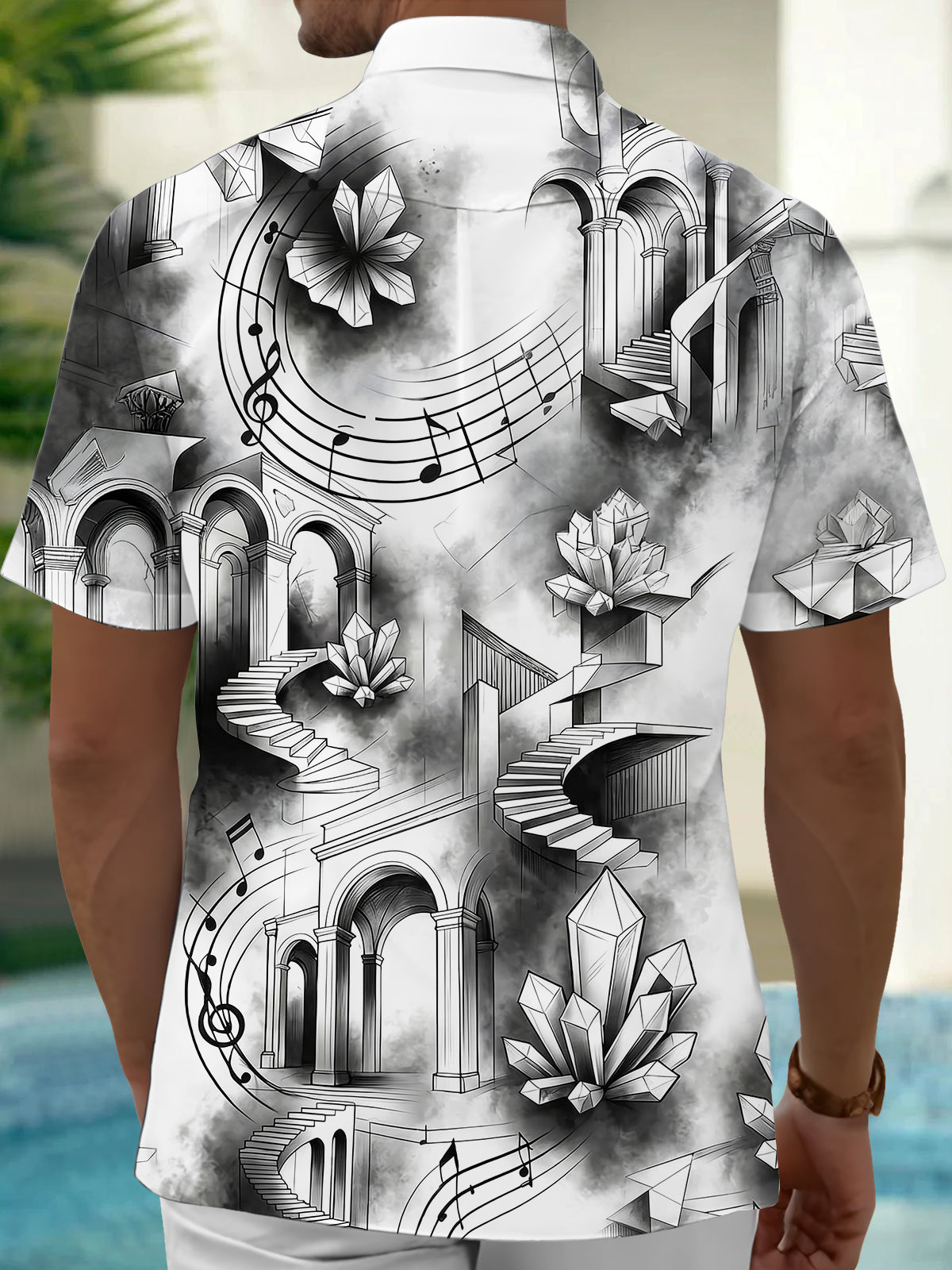Oceanlyte Men's Short Sleeve Shirt - Fantasy Architecture With Crystals And Music Notes Print with Chest Pocket