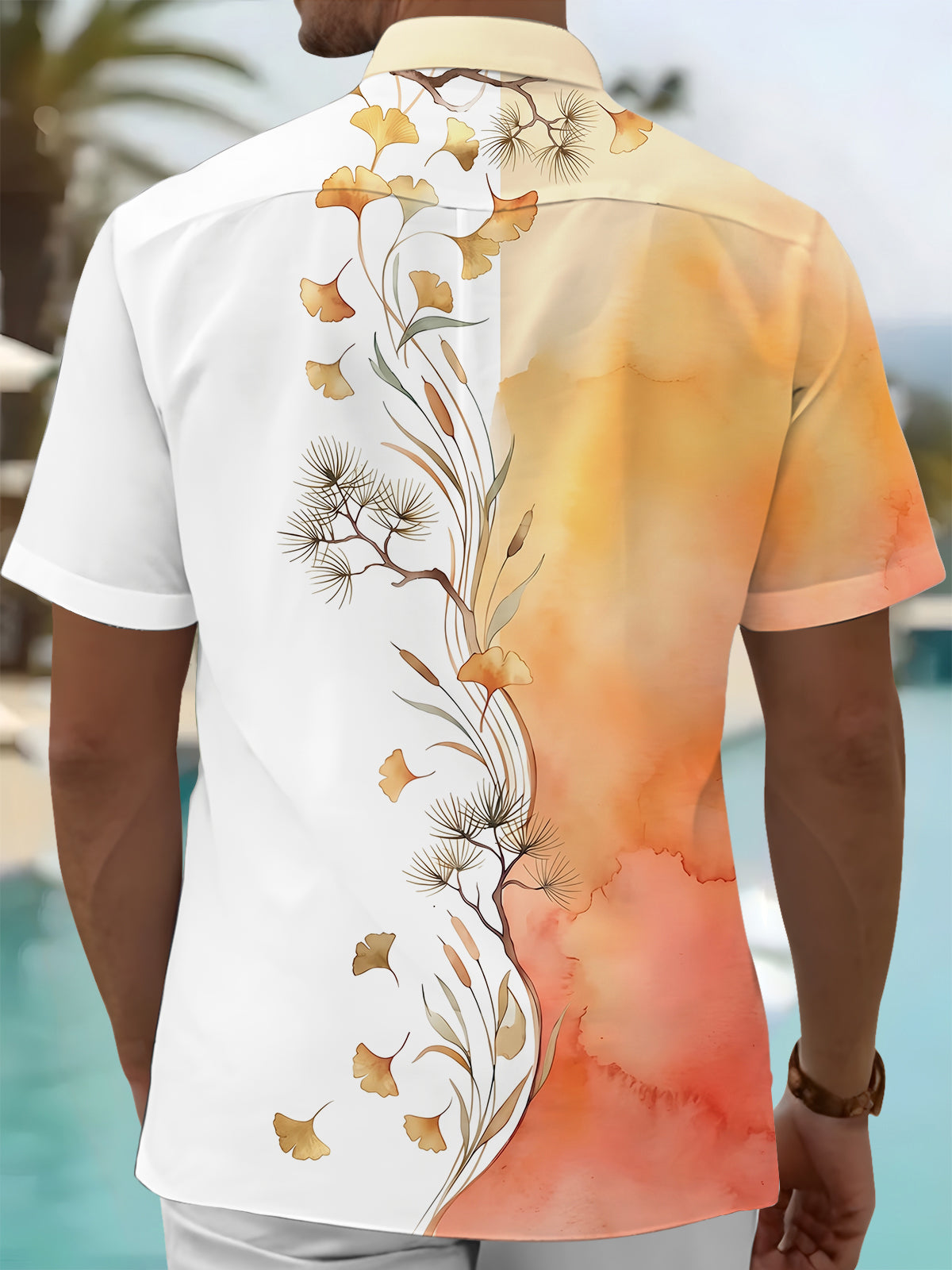 Oceanlyte Men's Hawaiian Ink Ginkgo And Pine Branches Print Short Sleeve Shirt with Chest Pocket