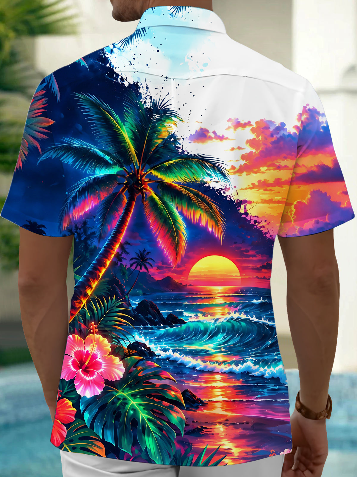 Oceanlyte Men's Palm Tree And Sunset Beach Scene Print Short Sleeve Shirt with Chest Pocket