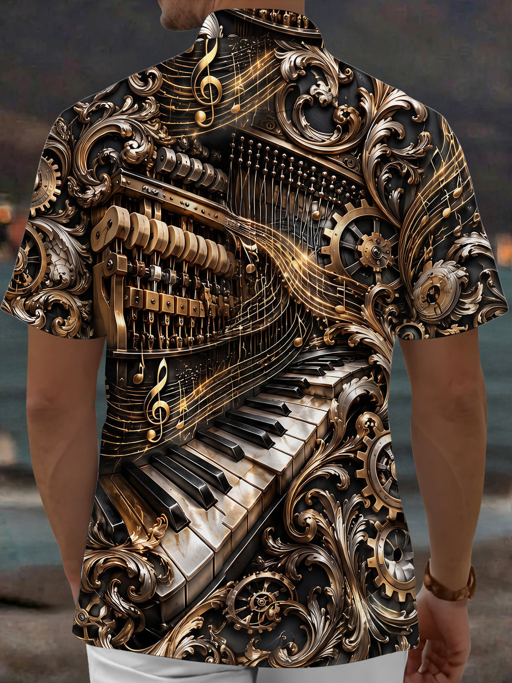 Oceanlyte Men's Steampunk Piano And Musical Notes Print Short Sleeve Shirt with Chest Pocket