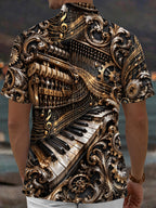 Oceanlyte Men's Steampunk Piano And Musical Notes Print Short Sleeve Shirt with Chest Pocket