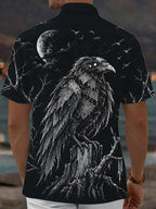 Oceanlyte Men's Graphic Halloween Crow And Moon Print Short Sleeve Shirt with Chest Pocket