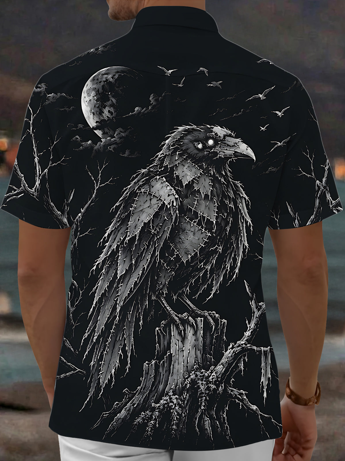 Oceanlyte Men's Graphic Halloween Crow And Moon Print Short Sleeve Shirt with Chest Pocket