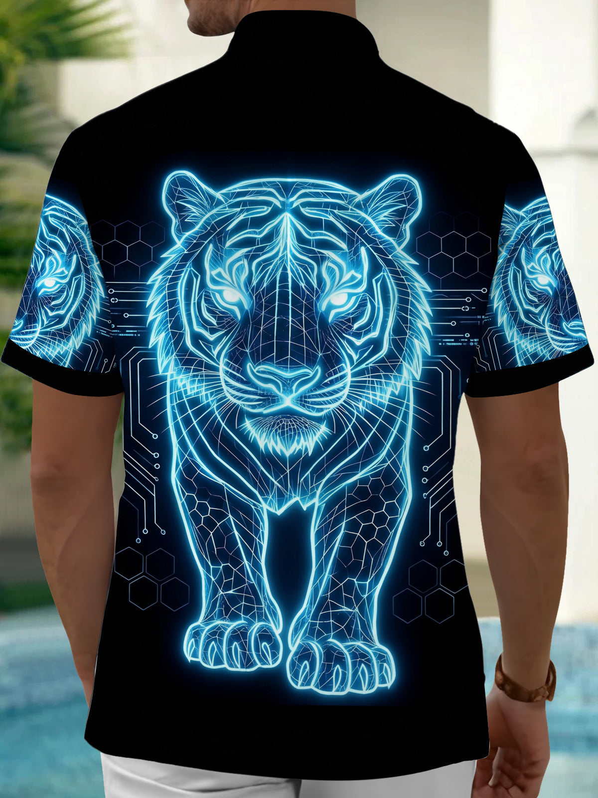 Oceanlyte Men's Graphic Neon Tiger Print Short Sleeve Shirt with Chest Pocket