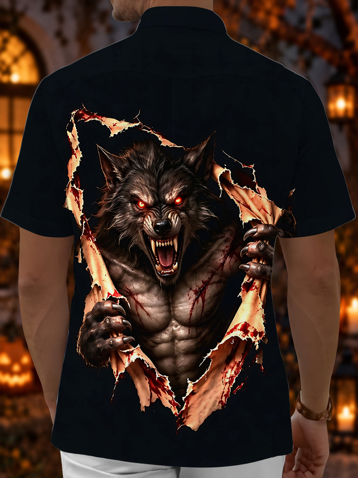 Oceanlyte Men's Short Sleeve Shirt - Halloween Werewolf Bursting Through Shirt Print with Chest Pocket