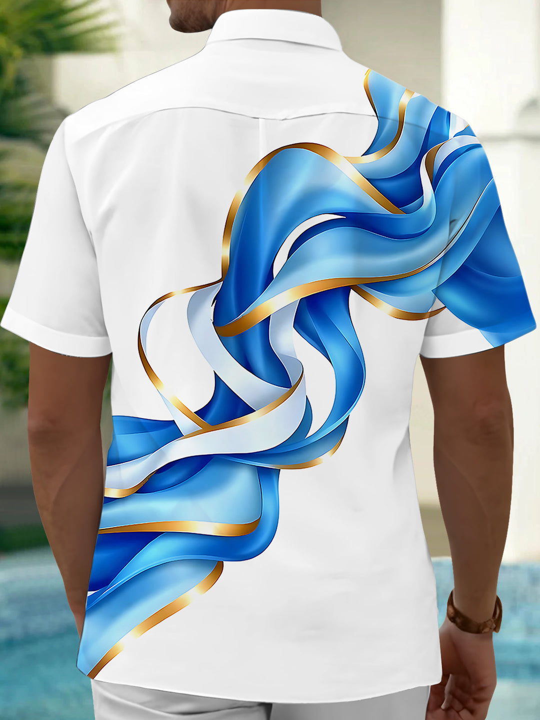 Oceanlyte Men's Graphic 3D Blue Gold Ribbon Wave Print Short Sleeve Shirt with Chest Pocket