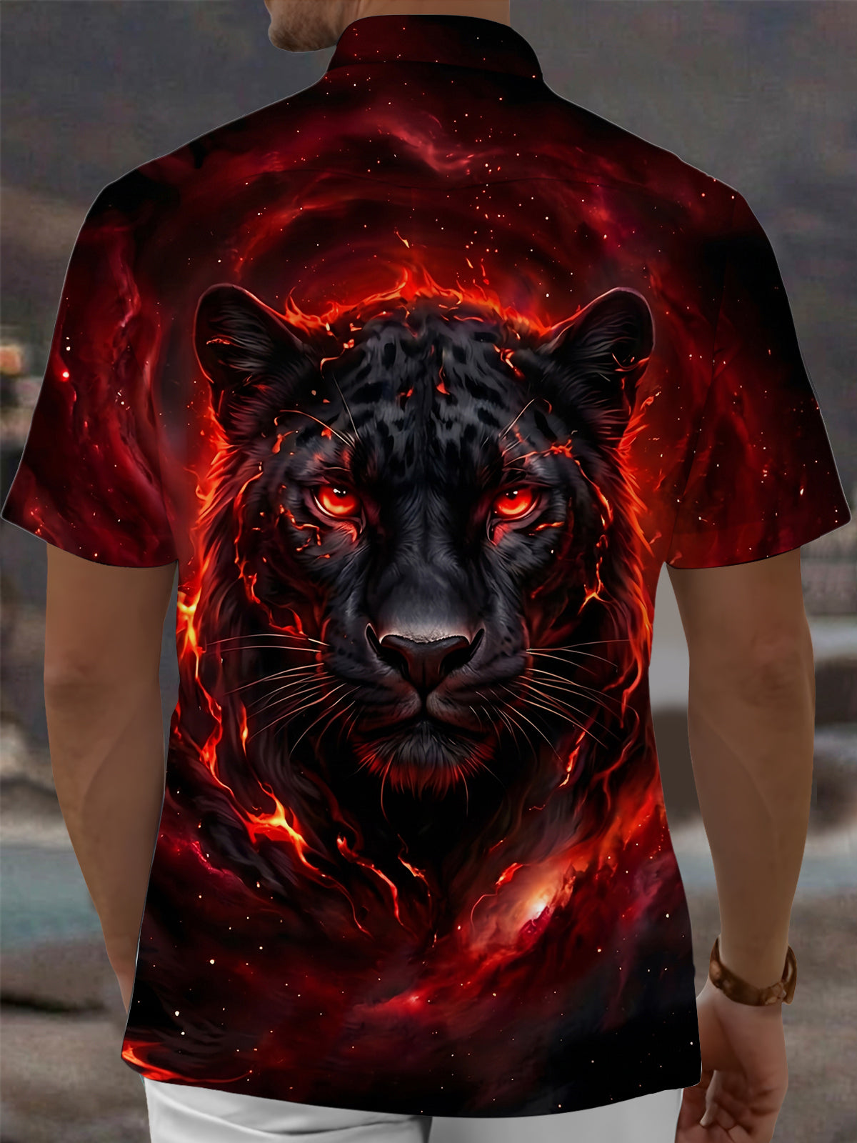 Oceanlyte Men's Black Panther With Lava And Fire Print Short Sleeve Shirt with Chest Pocket