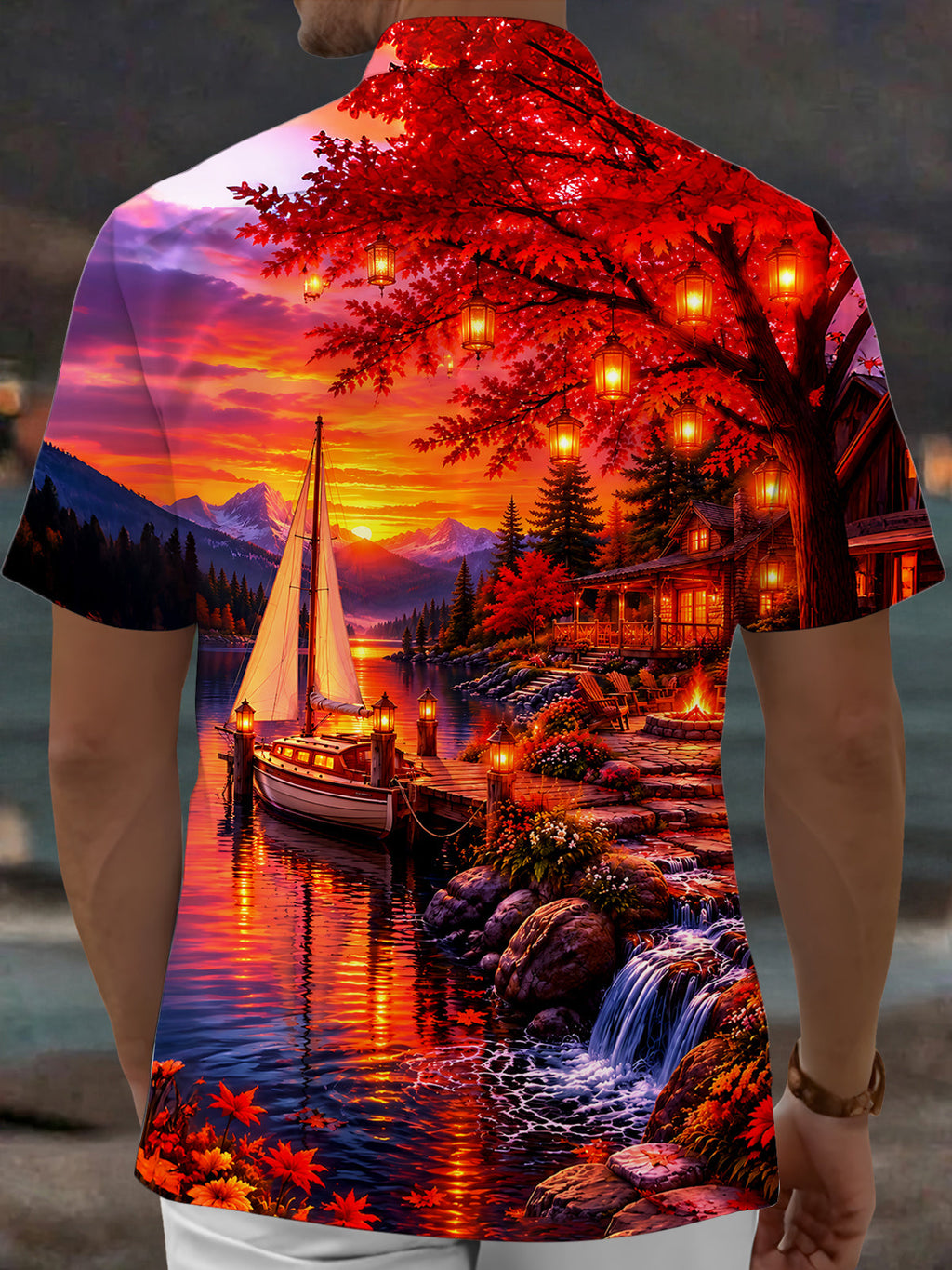 Oceanlyte Men's Hawaiian Sunset Lake Landscape Print Short Sleeve Shirt with Chest Pocket