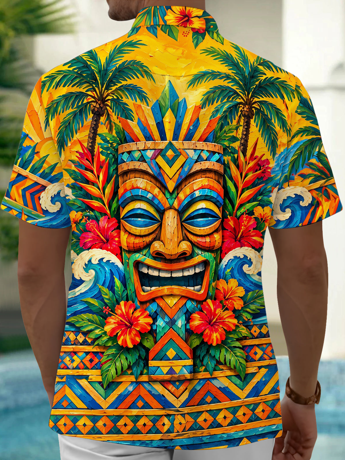 Oceanlyte Men's Hawaiian Tiki Totem Mask Print Short Sleeve Shirt with Chest Pocket