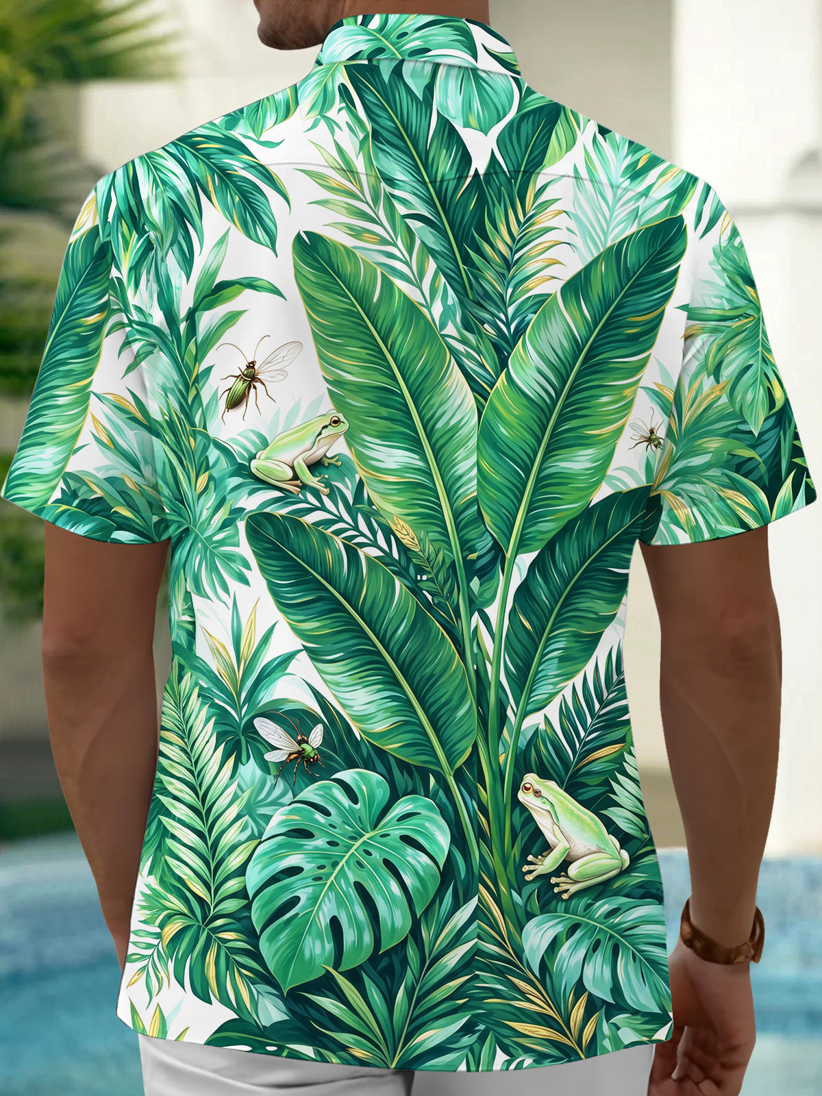 Oceanlyte Men's Hawaiian Tropical Leaves And Frogs Print Short Sleeve Shirt with Chest Pocket