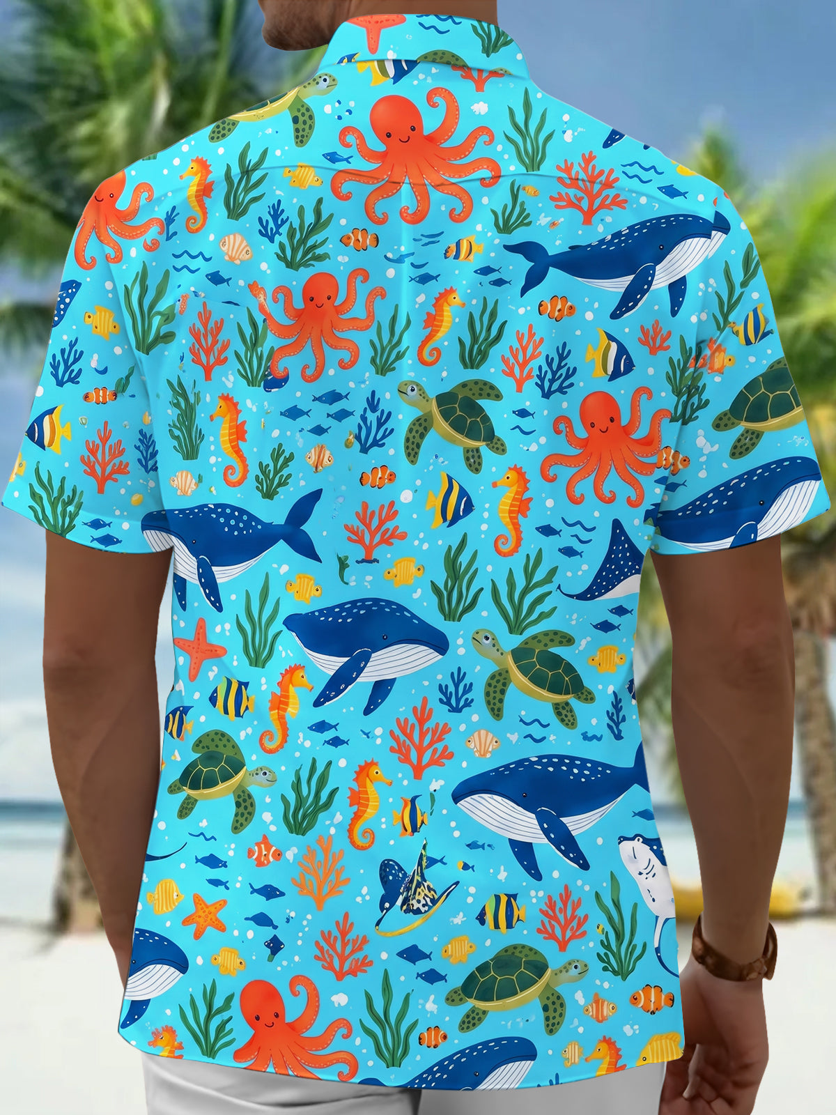 Oceanlyte Men's Marine Life And Ocean Creatures Print Short Sleeve Shirt with Chest Pocket