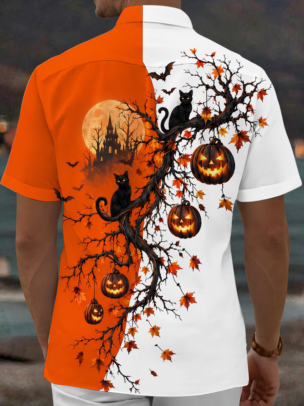 Oceanlyte Men's Halloween Black Cats And Pumpkins Print Short Sleeve Shirt with Chest Pocket