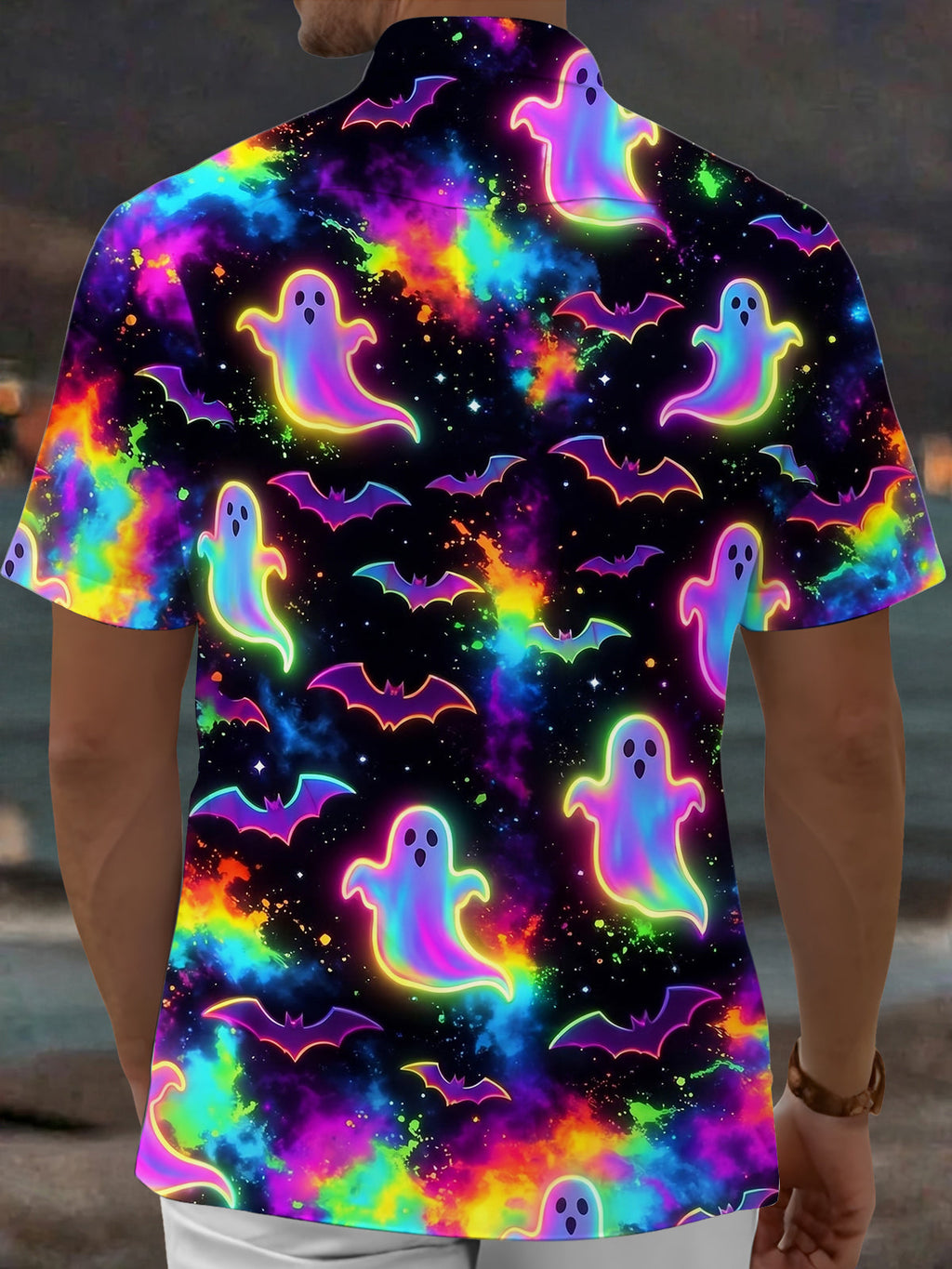 Oceanlyte Men's Graphic Halloween Neon Ghosts And Bats Print Short Sleeve Shirt with Chest Pocket