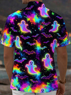 Oceanlyte Men's Graphic Halloween Neon Ghosts And Bats Print Short Sleeve Shirt with Chest Pocket