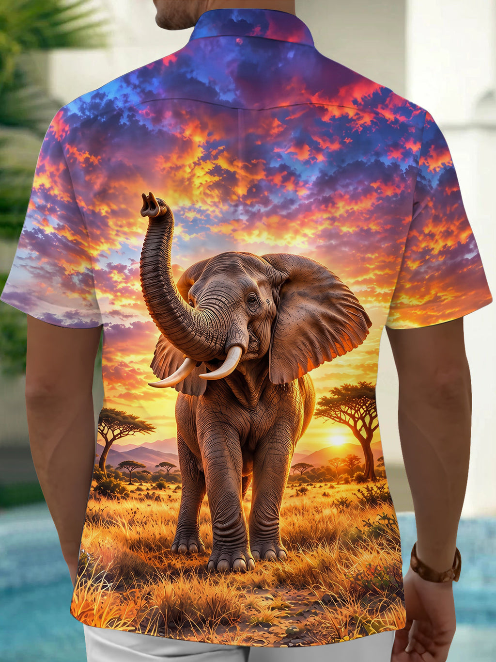 Oceanlyte Men's African Elephant In Savanna Sunset Print Short Sleeve Shirt with Chest Pocket