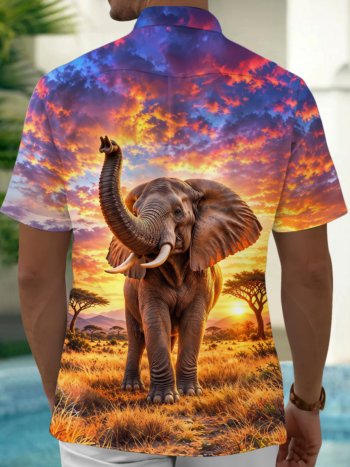 Oceanlyte Men's African Elephant In Savanna Sunset Print Short Sleeve Shirt with Chest Pocket