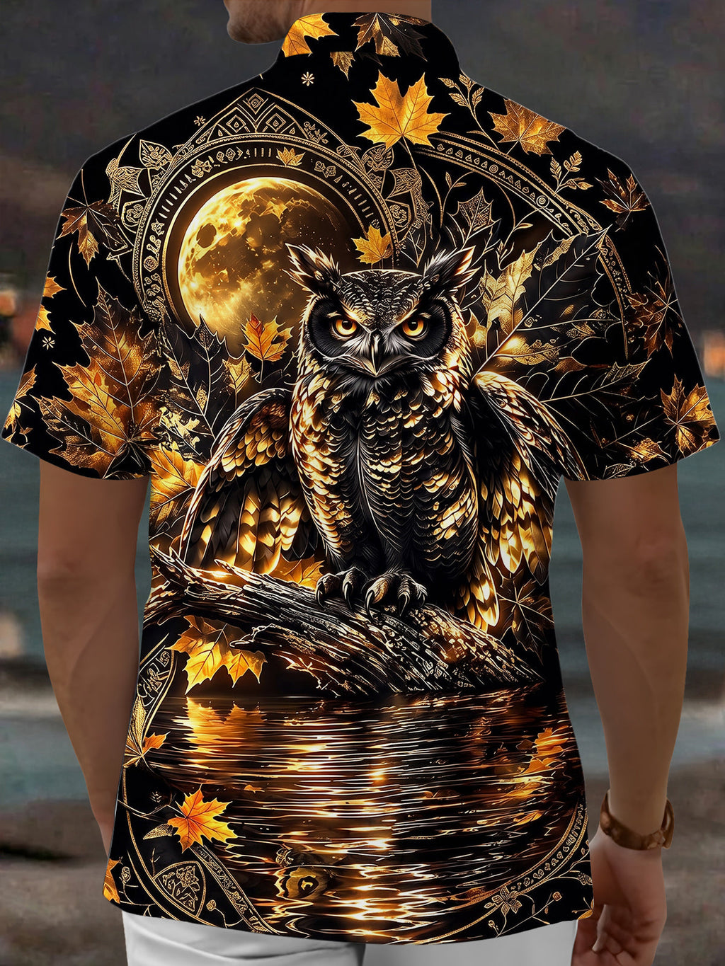 Oceanlyte Men's Hawaiian Owl And Moon With Maple Leaves Print Short Sleeve Shirt with Chest Pocket