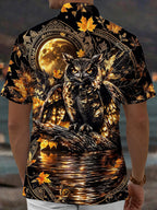 Oceanlyte Men's Hawaiian Owl And Moon With Maple Leaves Print Short Sleeve Shirt with Chest Pocket