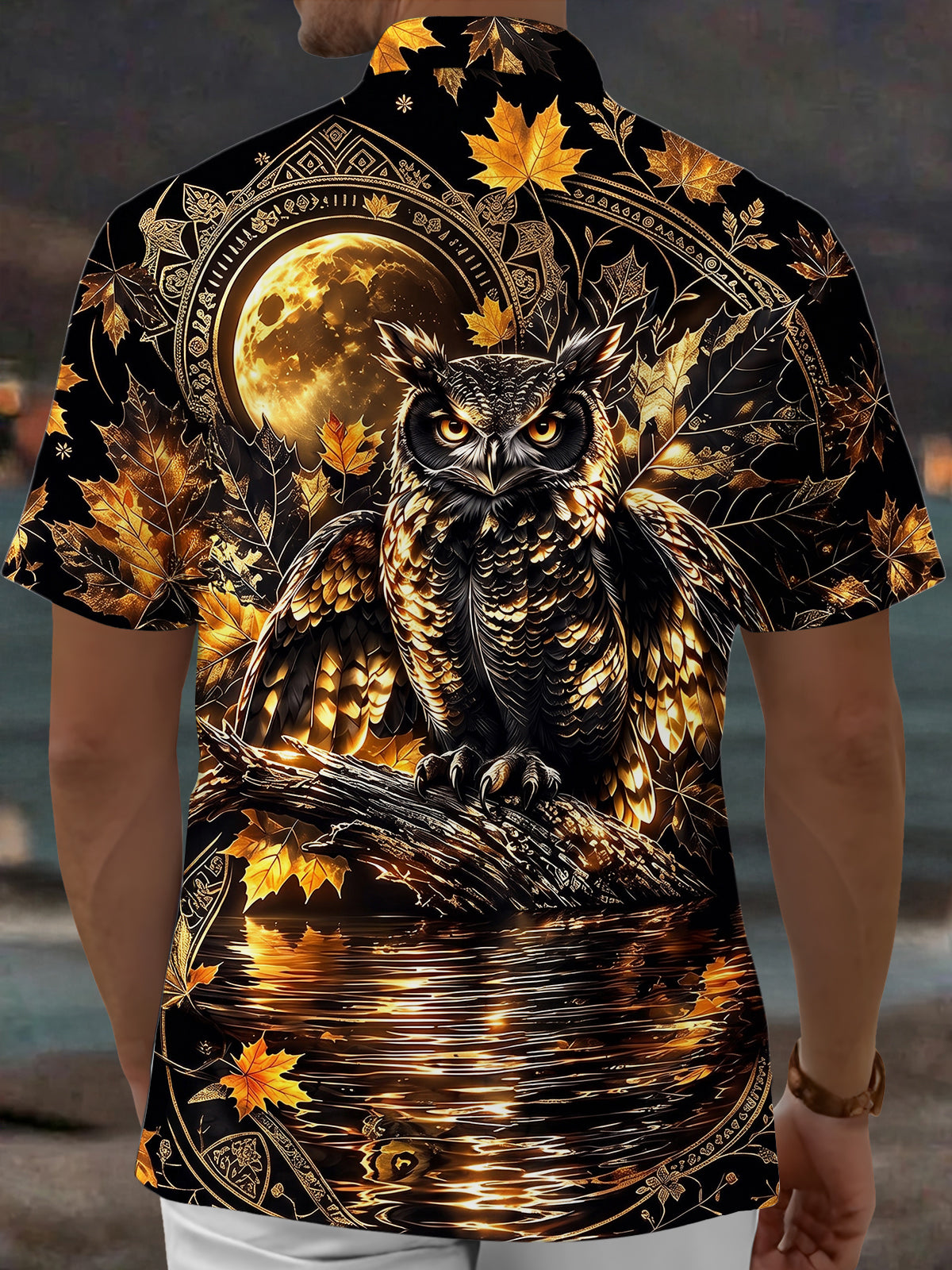 Oceanlyte Men's Hawaiian Owl And Moon With Maple Leaves Print Short Sleeve Shirt with Chest Pocket