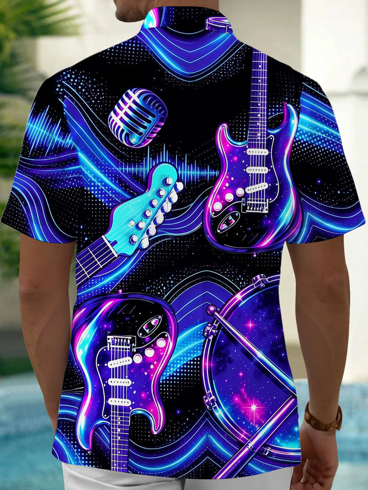 Oceanlyte Men's Graphic Neon Electric Guitar Print Short Sleeve Shirt with Chest Pocket