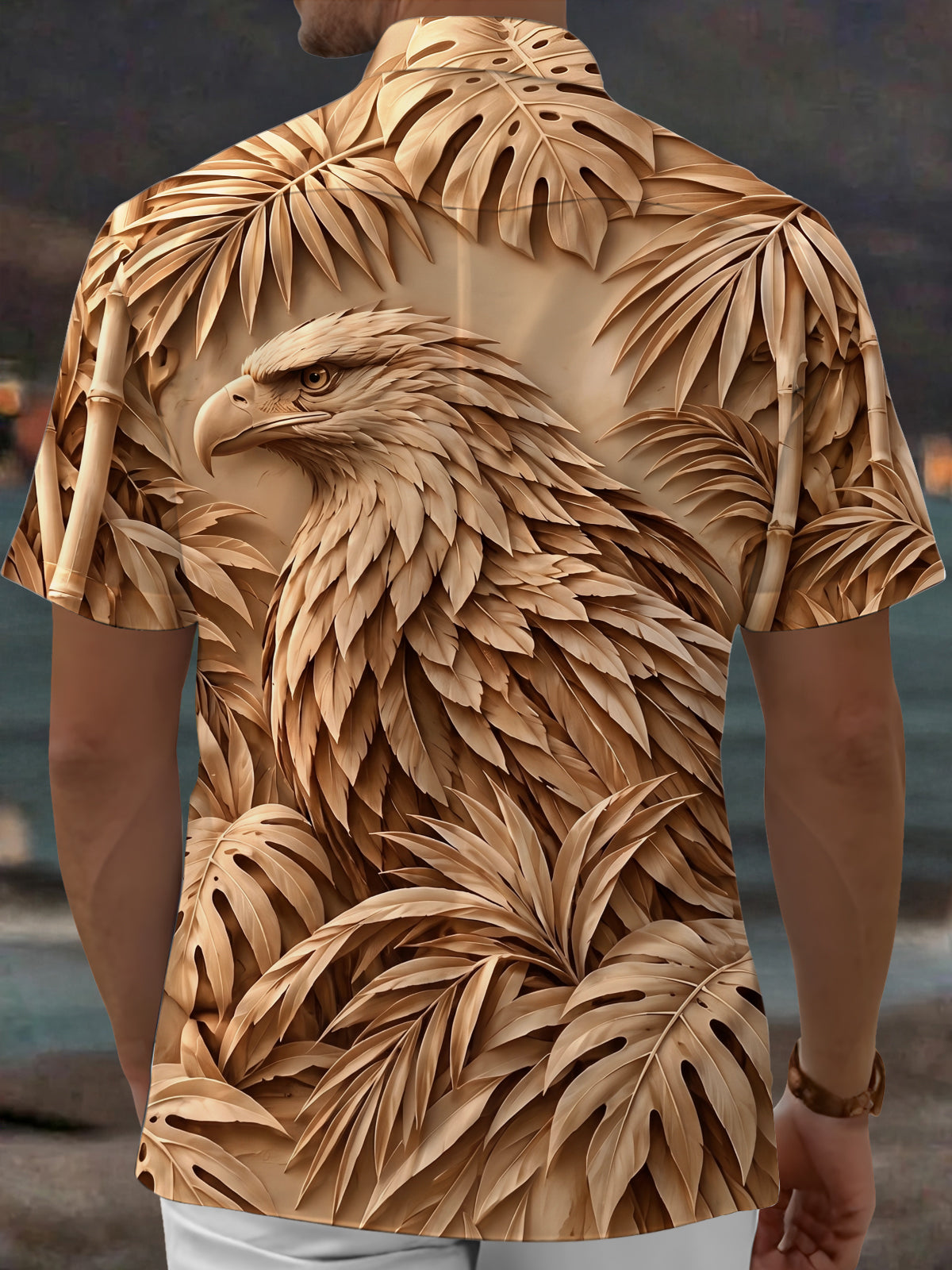 Oceanlyte Men's Hawaiian Eagle Head Print Palm Leaves Print Short Sleeve Shirt with Chest Pocket