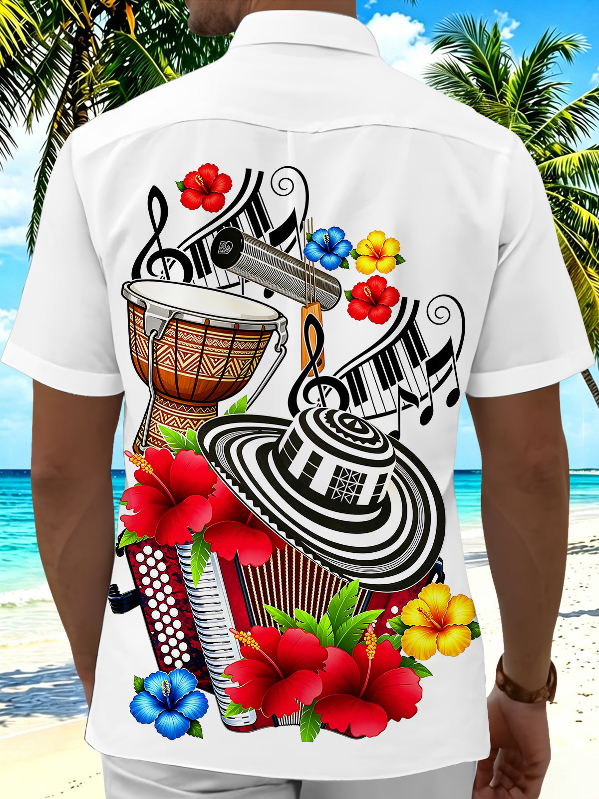 Oceanlyte Men's Short Sleeve Shirt - Musical Instruments And Tropical Flowers Print with Chest Pocket