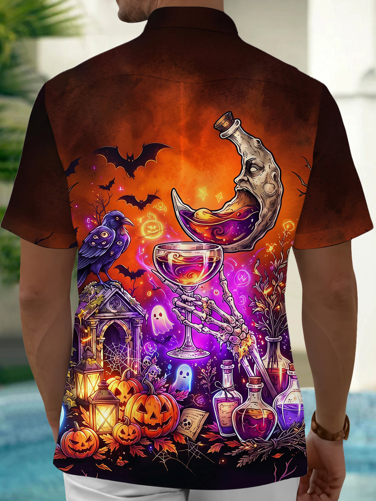 Oceanlyte Men's Short Sleeve Shirt - Halloween Moon Raven And Skeleton With Wine Glass Print with Chest Pocket