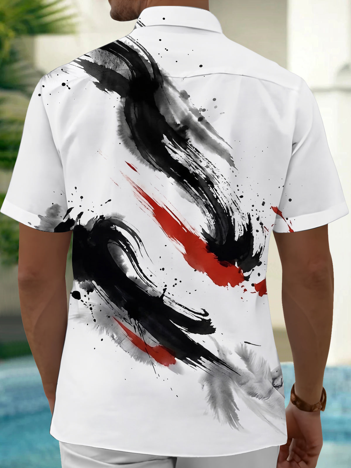 Oceanlyte Men's Printed Abstract Ink Brushstroke Print Short Sleeve Shirt with Chest Pocket