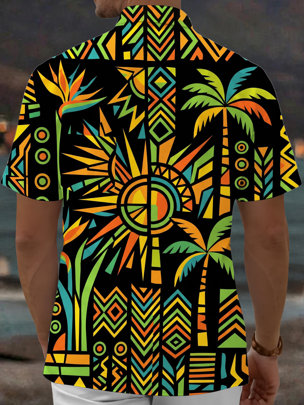 Oceanlyte Men's Hawaiian Geometric Palm Tree Print Short Sleeve Shirt with Chest Pocket